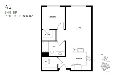 Floor plan for 1 bed, 1 bath, 645 sqft